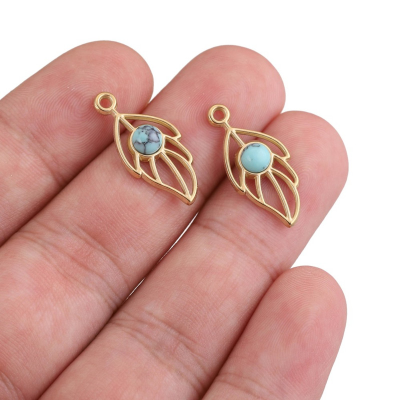 5 vnt medžio lapų nerūdijančio plieno turkio spalvos žavesio natūralaus akmens pakabukas papuošalų kūrimui „pasidaryk pats“