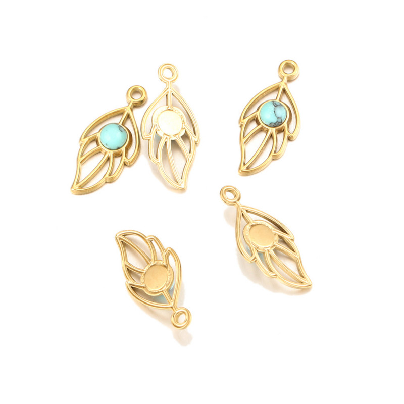 5 vnt medžio lapų nerūdijančio plieno turkio spalvos žavesio natūralaus akmens pakabukas papuošalų kūrimui „pasidaryk pats“