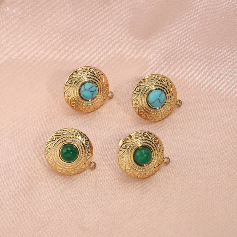 4 vnt. Naujausi natūralaus akmens turkio spalvos nerūdijančio plieno retro auskarų stulpeliai su skylute aukso tono „pasidaryk pats“ auksinių auskarų priedai