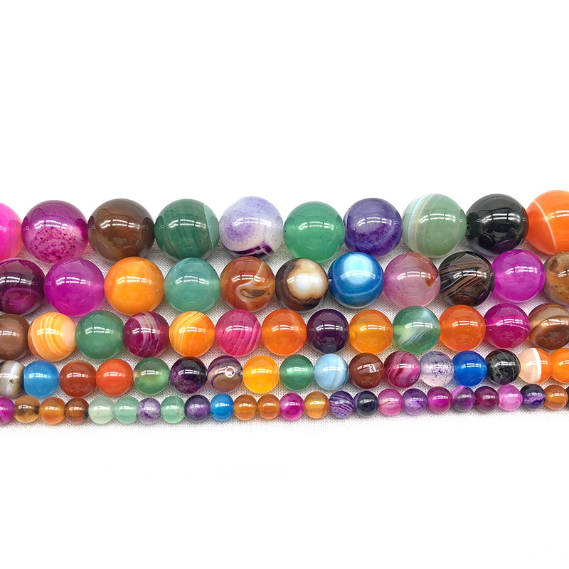Χονδρική πώληση από φυσική πέτρα Πολύχρωμες ρίγες Αχάτες Χαλαρές χάντρες για την κατασκευή κοσμημάτων Κολιέ βραχιόλι 4/6/8/10/12 mm Σκέλος 15''