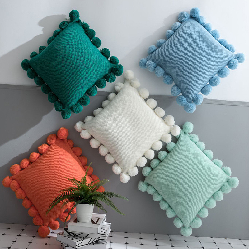 Párnahuzat Fehér zöld narancssárga kék tömör kötött párnahuzat nagy pompon kanapéval, otthoni dekorációval 45*45 cm párnahuzat