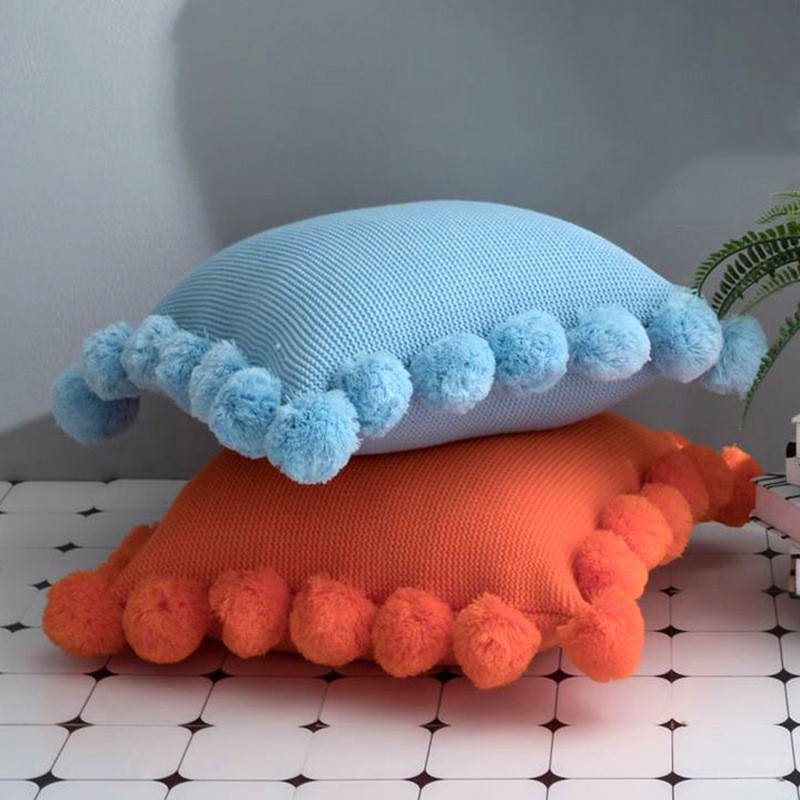 Párnahuzat Fehér zöld narancssárga kék tömör kötött párnahuzat nagy pompon kanapéval, otthoni dekorációval 45*45 cm párnahuzat