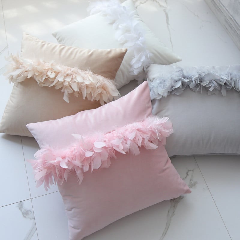 Bézs szürke rózsaszín párnahuzat tollas lakberendezési bársony párnahuzat dekoráció pompon díszpárnahuzat párnahuzat 45x45cm