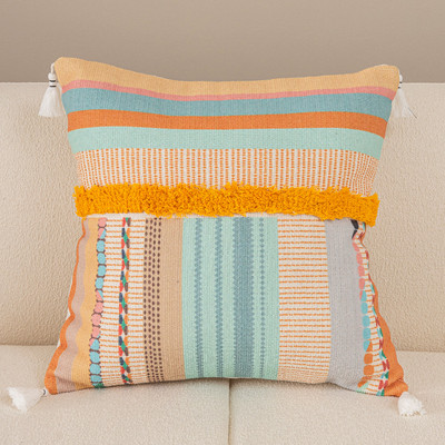 Boho etninė rankinė kuokštinė pagalvės užvalkalas siuvinėjimas pagalvėlės užvalkalas Rudas pagalvės užvalkalas su kutais 45x45cm namų dekoravimas