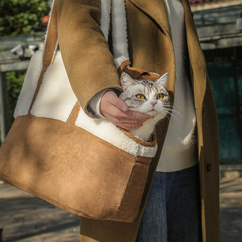 Топли чанти за носене на котки за домашни любимци Дишащи транспортьори на открито Преносими чанти за носене на домашни любимци Преносими зимни плюшени модни чанти за носене на кученца през рамо