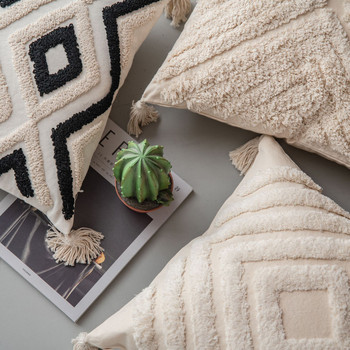 Μαροκινό έθνικ στυλ μαξιλάρι με φούντες στο χέρι Διακόσμηση σπιτιού Καναπές μαύρο μπεζ κάλυμμα μαξιλαροθήκης μαξιλαροθήκη χωρίς πυρήνα