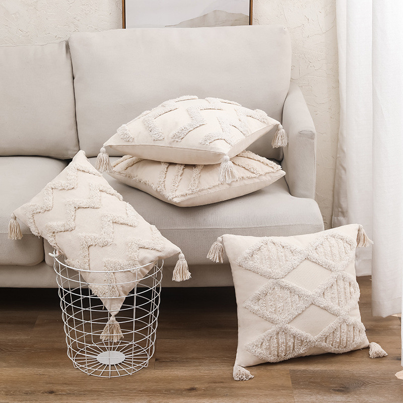 Husă de pernă ciucuri 45x45/30x50cm Husă de pernă nouă, bej, realizată manual, în stil boho, husă de pernă pătrată, canapea pat, decorativă pentru casă