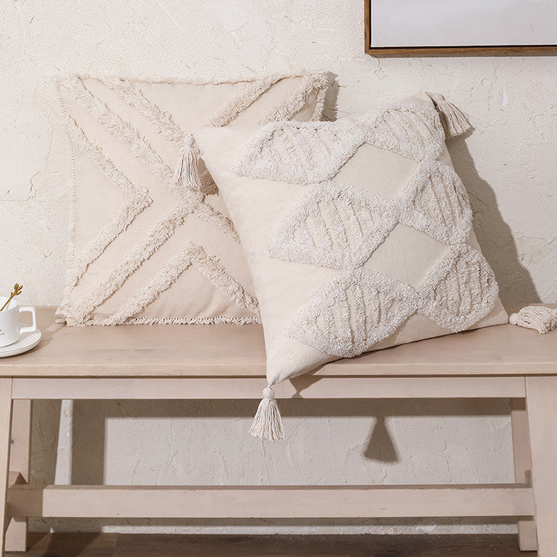 Husă de pernă ciucuri 45x45/30x50cm Husă de pernă nouă, bej, realizată manual, în stil boho, husă de pernă pătrată, canapea pat, decorativă pentru casă