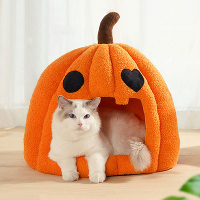 Téli macskaház Halloween tökház macskáknak kutyáknak meleg kisállat fészek párnával cica barlangágy Kölyökkennel macskatartozékok