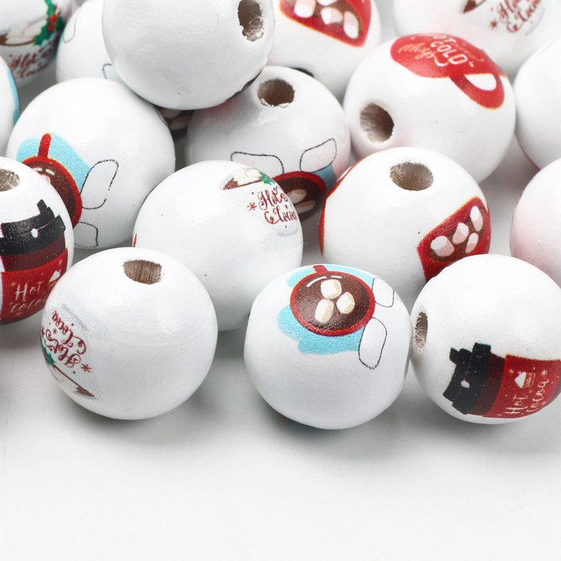 Бели 15 мм кръгли топки Естествени дървени мъниста с шарка на цветна чаша за кафе Свободни дървени мъниста за изработка на бижута Направи си сам аксесоари