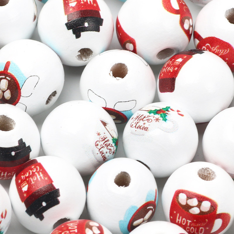 Бели 15 мм кръгли топки Естествени дървени мъниста с шарка на цветна чаша за кафе Свободни дървени мъниста за изработка на бижута Направи си сам аксесоари