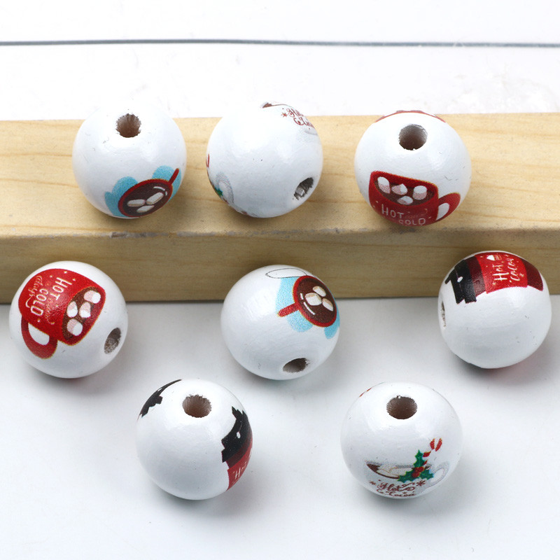 Бели 15 мм кръгли топки Естествени дървени мъниста с шарка на цветна чаша за кафе Свободни дървени мъниста за изработка на бижута Направи си сам аксесоари