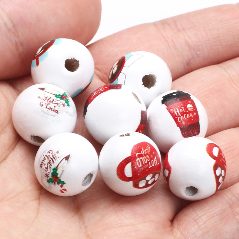 Бели 15 мм кръгли топки Естествени дървени мъниста с шарка на цветна чаша за кафе Свободни дървени мъниста за изработка на бижута Направи си сам аксесоари