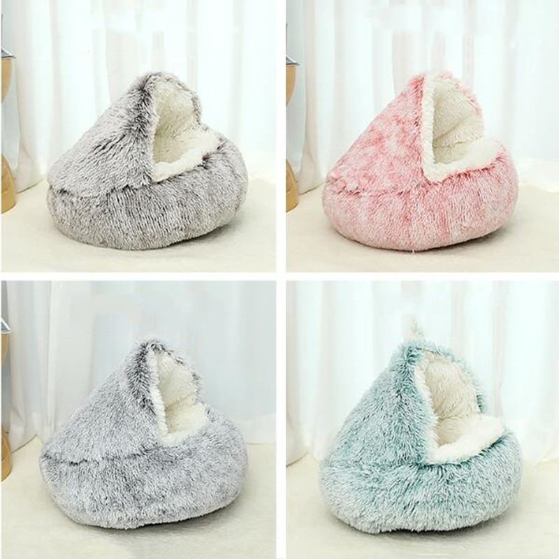 Ziemas gara plīša mājdzīvnieku audzētava suņu gulta apaļa spilvena kaķu māja 2 vienā siltā kaķa grozā, daļēji slēgta soma kucēnam mazam kaķim