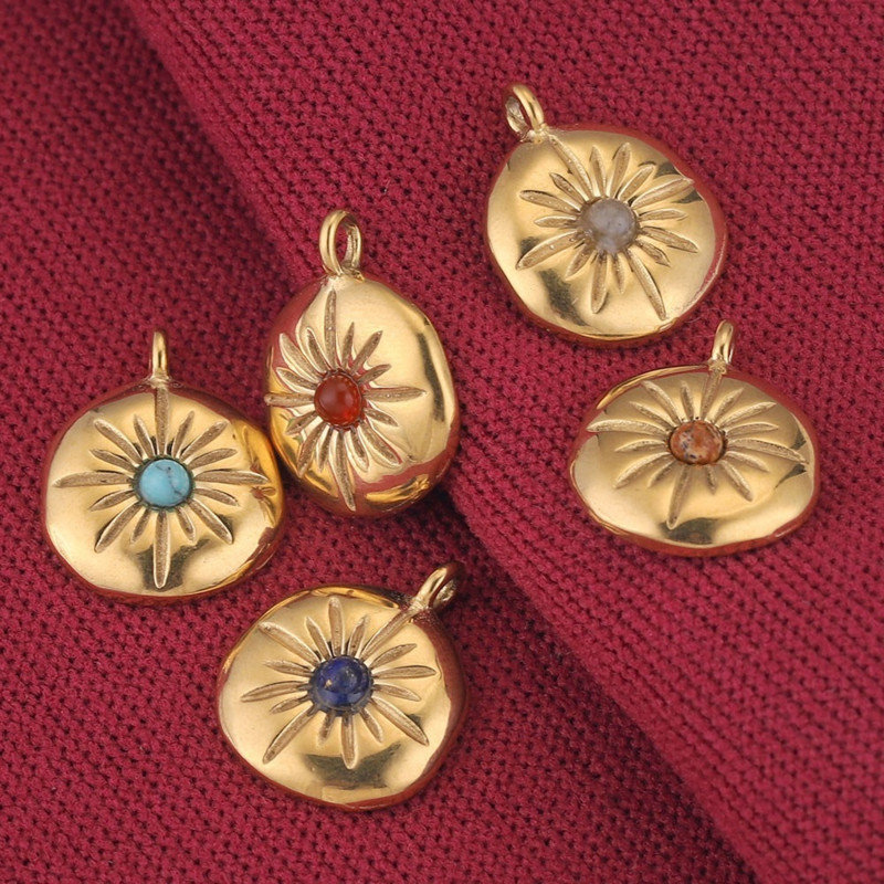 5db/tétel Arany rozsdamentes acél bevonatú arany Boho napvirág fülbevaló kerek Charms Dangles medálok barkács nyaklánc ékszerkészítéshez