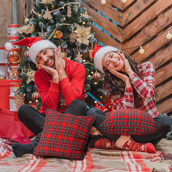 Inyahome Коледни карирани декоративни калъфки за възглавници Шотландски тартан Калъфка за възглавница за домашен празничен декор във ферма Червено Зелено