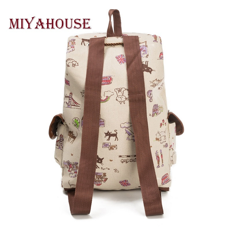 Σχολικό σακίδιο πλάτης Miyahouse Casual Canvas Women Lovely Cat με τυπωμένο κορδόνι πλάτης Teenager Γυναικεία σχολική τσάντα μεγάλης χωρητικότητας