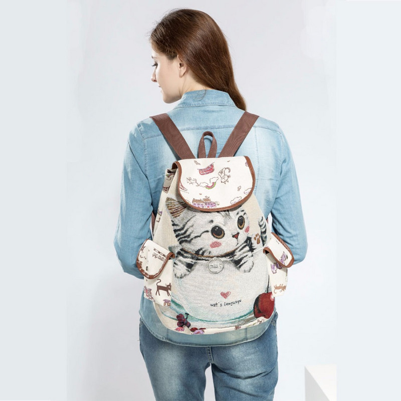 Σχολικό σακίδιο πλάτης Miyahouse Casual Canvas Women Lovely Cat με τυπωμένο κορδόνι πλάτης Teenager Γυναικεία σχολική τσάντα μεγάλης χωρητικότητας