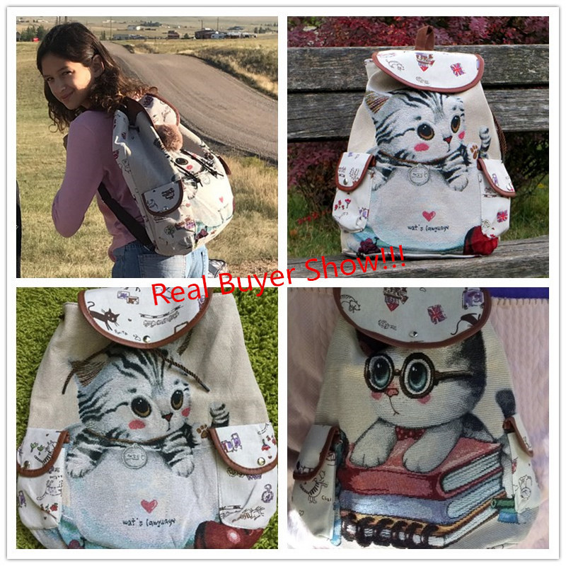 Σχολικό σακίδιο πλάτης Miyahouse Casual Canvas Women Lovely Cat με τυπωμένο κορδόνι πλάτης Teenager Γυναικεία σχολική τσάντα μεγάλης χωρητικότητας