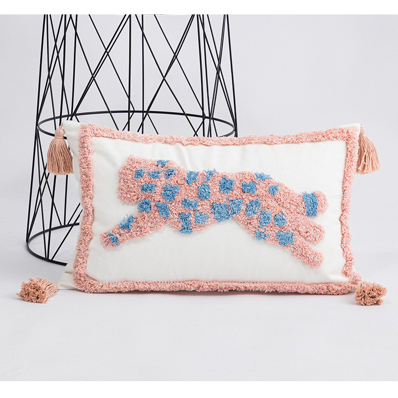 DUNXDECO Pink Tufting Leopárd Hímzés Párnahuzat Dekoratív Párnahuzat Puha Modern Művészet Ház Kanapé Szék Ágy Coussin