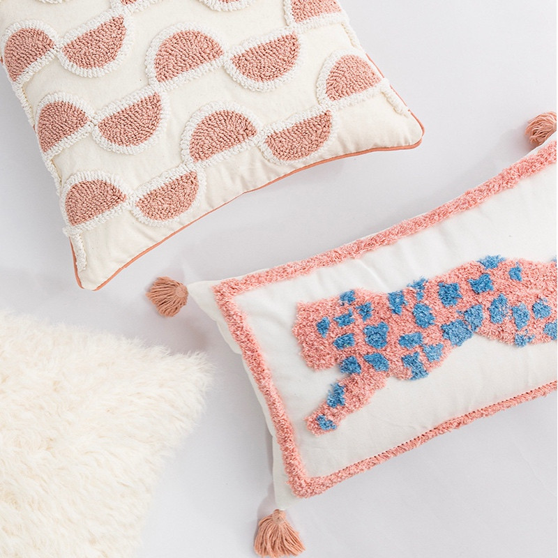 DUNXDECO Pink Tufting Leopárd Hímzés Párnahuzat Dekoratív Párnahuzat Puha Modern Művészet Ház Kanapé Szék Ágy Coussin