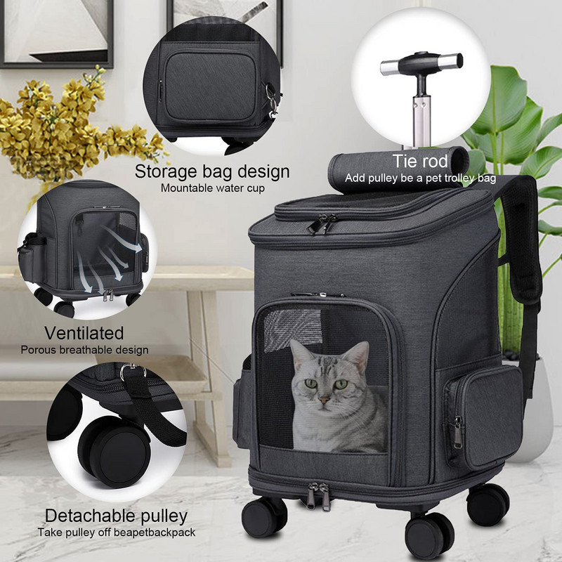 Lemmikkassi kandja seljakott ratastega Veerev seljakott vastupidava käepideme ja painduvate ratastega hingavate vastupidavate võrkpaneelidega
