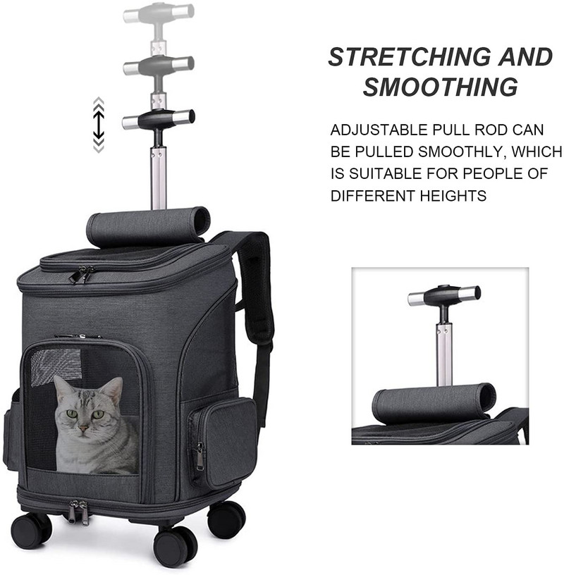 Lemmikkassi kandja seljakott ratastega Veerev seljakott vastupidava käepideme ja painduvate ratastega hingavate vastupidavate võrkpaneelidega