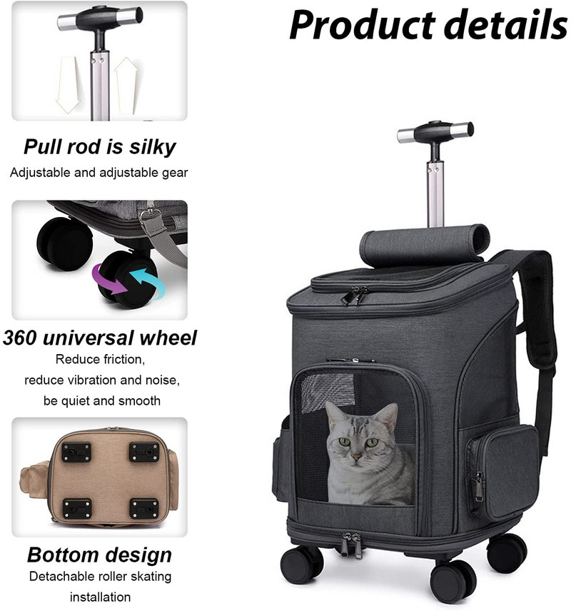 Lemmikkassi kandja seljakott ratastega Veerev seljakott vastupidava käepideme ja painduvate ratastega hingavate vastupidavate võrkpaneelidega