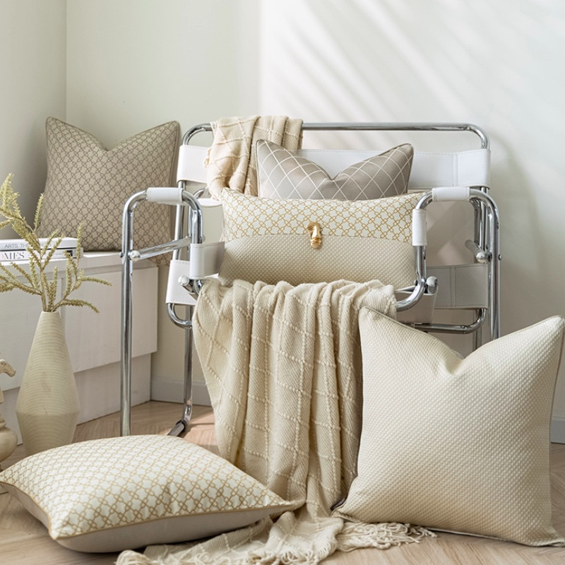 DUNXDECO Zab színű párna Retro geometrikus jacquard párnahuzat párnahuzat Art House Ivory otthoni kanapé szék Coussin