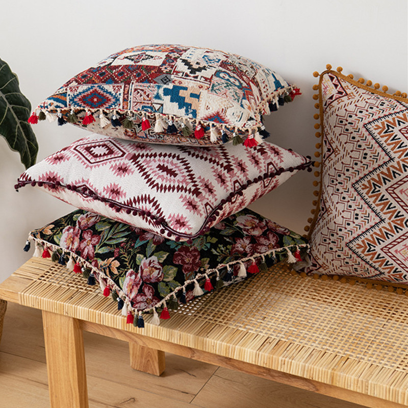 Bohomia Jacquard párnahuzat Bojt Pompom otthoni dekoratív Kilim párnahuzat 45x45cm Vintage nappali kanapé párnahuzat