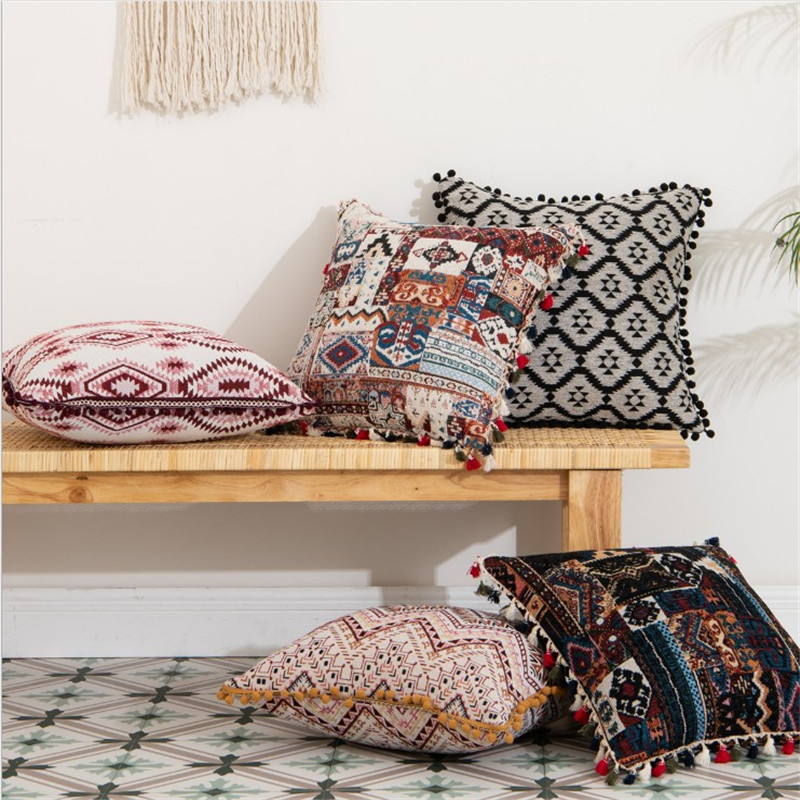 Bohomia Jacquard párnahuzat Bojt Pompom otthoni dekoratív Kilim párnahuzat 45x45cm Vintage nappali kanapé párnahuzat