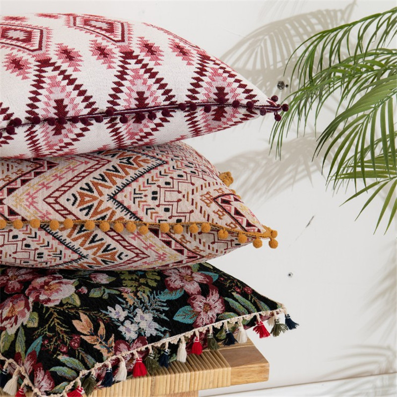 Bohomia Jacquard párnahuzat Bojt Pompom otthoni dekoratív Kilim párnahuzat 45x45cm Vintage nappali kanapé párnahuzat
