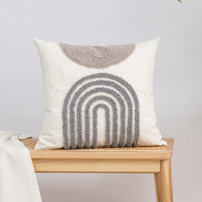 Bézs, geometrikus hímzésű párnahuzat Boho etnikai párnahuzat pomponnal 45x45cm/ 30x50cm otthoni dekorációs kanapé párnahuzat