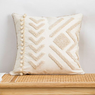 Bézs, geometrikus hímzésű párnahuzat Boho etnikai párnahuzat pomponnal 45x45cm/ 30x50cm otthoni dekorációs kanapé párnahuzat