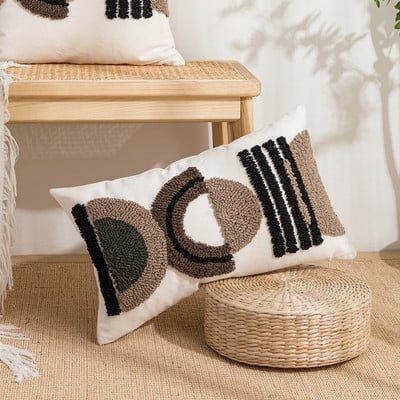 Bézs, geometrikus hímzésű párnahuzat Boho etnikai párnahuzat pomponnal 45x45cm/ 30x50cm otthoni dekorációs kanapé párnahuzat