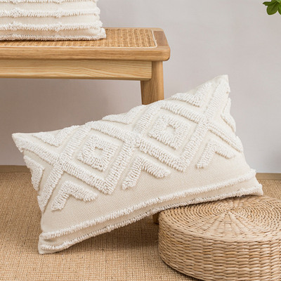 Bézs, geometrikus hímzésű párnahuzat Boho etnikai párnahuzat pomponnal 45x45cm/ 30x50cm otthoni dekorációs kanapé párnahuzat