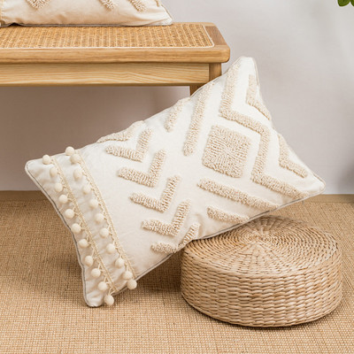 Bézs, geometrikus hímzésű párnahuzat Boho etnikai párnahuzat pomponnal 45x45cm/ 30x50cm otthoni dekorációs kanapé párnahuzat