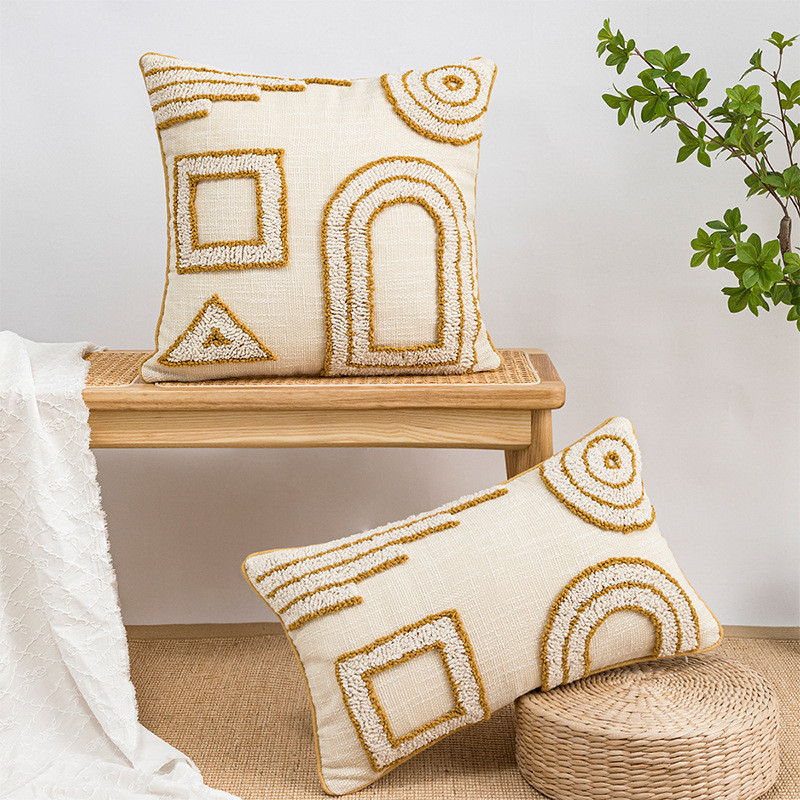 Bézs, geometrikus hímzésű párnahuzat Boho etnikai párnahuzat pomponnal 45x45cm/ 30x50cm otthoni dekorációs kanapé párnahuzat