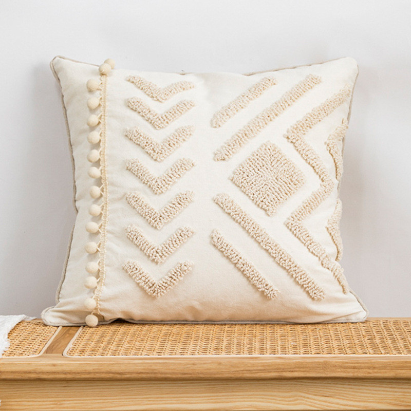 Bézs, geometrikus hímzésű párnahuzat Boho etnikai párnahuzat pomponnal 45x45cm/ 30x50cm otthoni dekorációs kanapé párnahuzat
