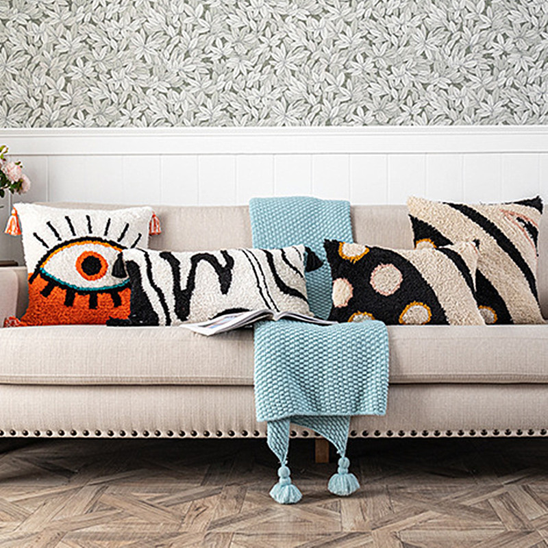Fekete ágyéki párnahuzat 30X60CM ágy kanapéhoz dekoratív párnák narancssárga nagy szemek bojtos szőtt lakberendezési párnahuzat