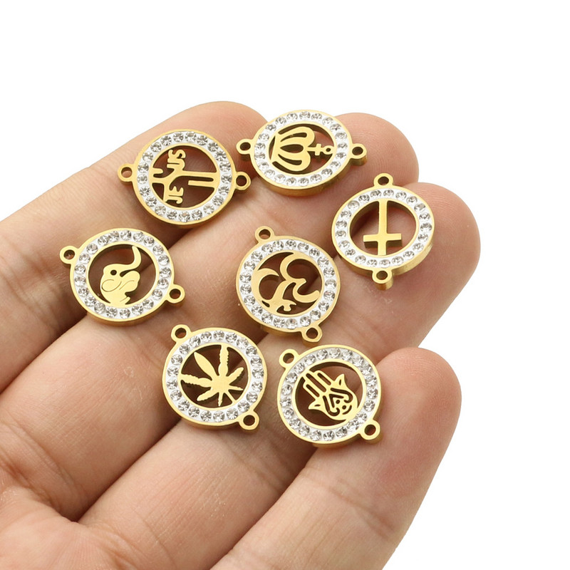 5 komada pozlaćenog križa s javorovim lišćem od nehrđajućeg čelika, visokokvalitetnog okruglog dijamanta, konektora, narukvica Izrada nakita DIY nalazi