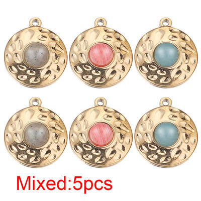 5 komada privjesaka od prirodnog kamena od nehrđajućeg čelika, pozlaćenih privjesaka okruglog oblika, visećih DIY naušnica, izrada ogrlica na veliko