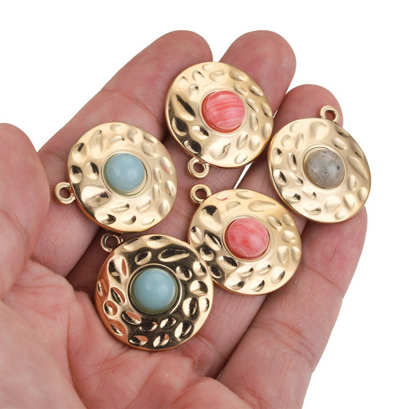 5 komada privjesaka od prirodnog kamena od nehrđajućeg čelika, pozlaćenih privjesaka okruglog oblika, visećih DIY naušnica, izrada ogrlica na veliko