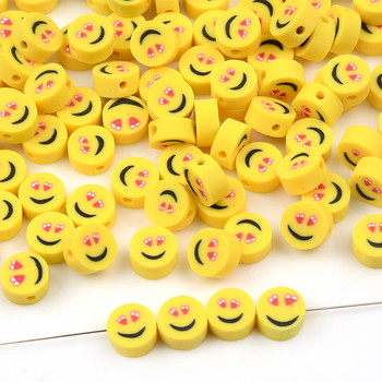 Около 9 мм плоски кръгли жълти усмихнати мъниста от полимерна глина Свободни дистанционни мъниста за изработка на бижута Направи си сам аксесоари за гривни