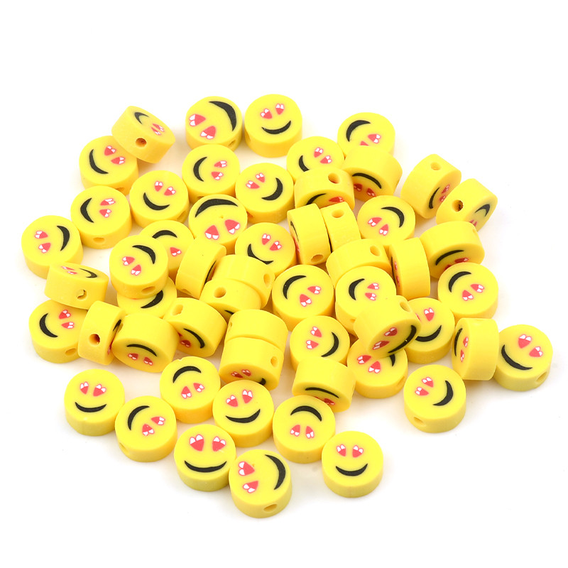 Apie 9 mm plokšti apvalūs geltoni šypsenėlių polimeriniai moliniai karoliukai laisvi tarpiniai karoliukai papuošalams gaminti „pasidaryk pats“ apyrankių priedai