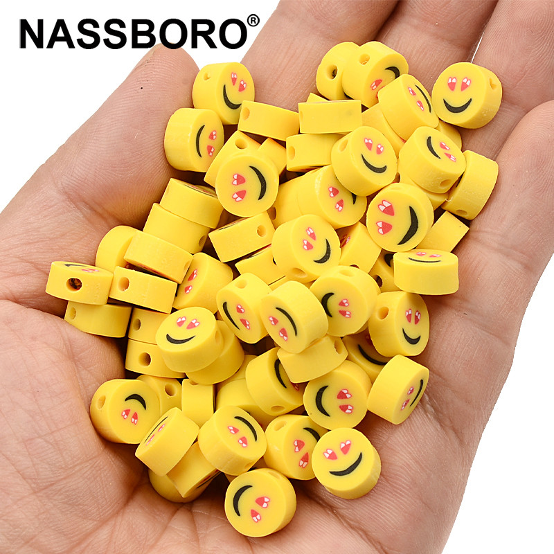 Apie 9 mm plokšti apvalūs geltoni šypsenėlių polimeriniai moliniai karoliukai laisvi tarpiniai karoliukai papuošalams gaminti „pasidaryk pats“ apyrankių priedai