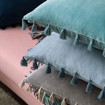 Inyahome Водно синьо кадифе Мека плътна декоративна калъфка за възглавница с ресни с пискюли Бохо калъфка за диван за диван легло