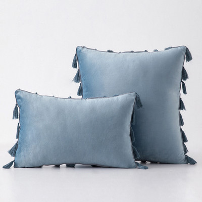 Inyahome vízkék bársonyos puha, tömör dekoratív párnahuzat rojtokkal, rojtos Boho párnahuzat kanapéhoz