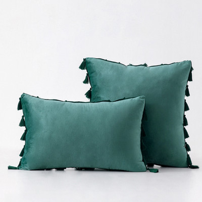 Inyahome vízkék bársonyos puha, tömör dekoratív párnahuzat rojtokkal, rojtos Boho párnahuzat kanapéhoz