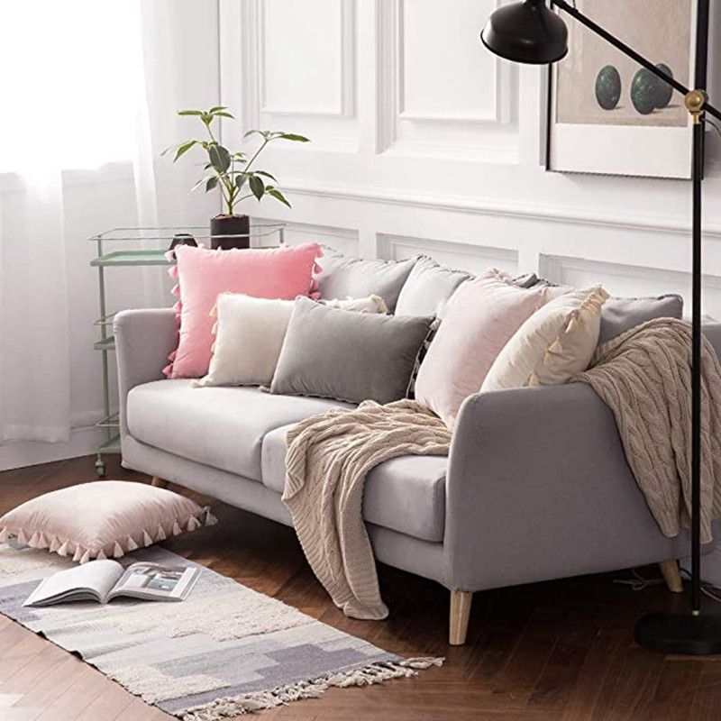 Inyahome vízkék bársonyos puha, tömör dekoratív párnahuzat rojtokkal, rojtos Boho párnahuzat kanapéhoz